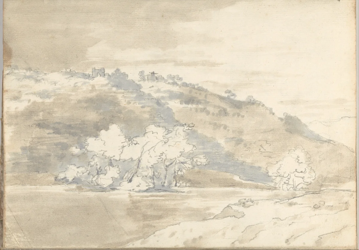 Upon the Tiber, near Rome (Smaller Italian sketchbook, leaf 33 recto) by Joseph Wright, drawing, 1774-1775