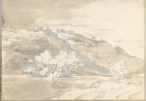 Upon the Tiber, near Rome (Smaller Italian sketchbook, leaf 33 recto) by Joseph Wright, drawing, 1774-1775