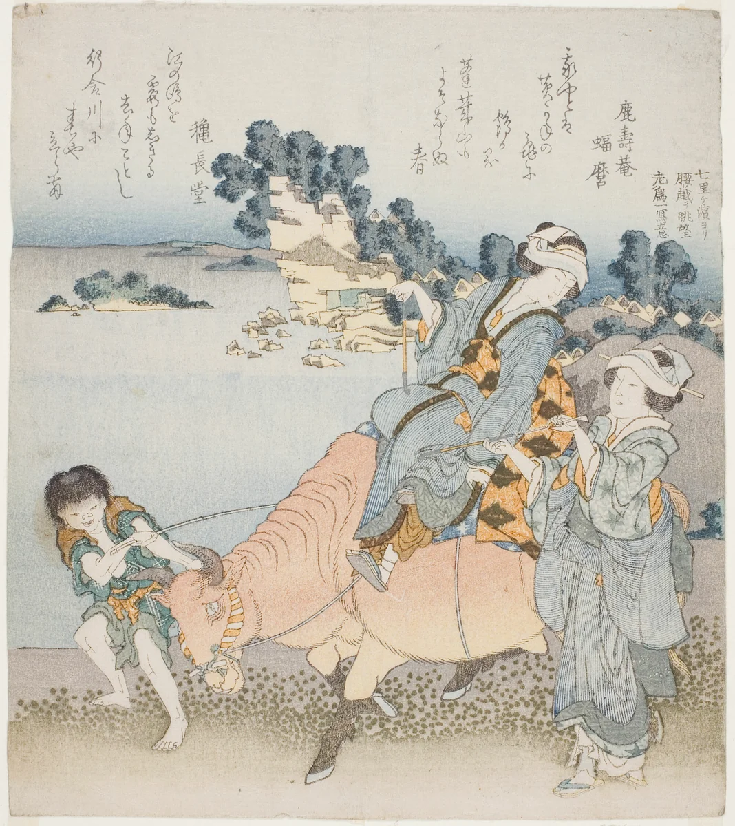 Woman riding an ox by Katsushika Hokusai (葛飾 北斎), print, 1829