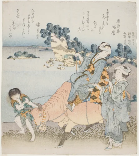 Woman riding an ox by Katsushika Hokusai (葛飾 北斎), print, 1829