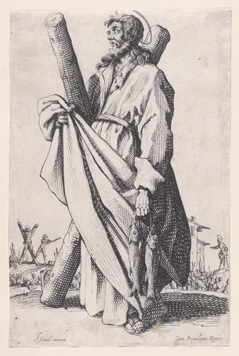 St. Andrew, from "Les Grands Apôtres Debout, Représentant Le Sauveur, La Bienheureuse Marie et Les Saints Apôtres" (The Large Standing Apostles, Representing The Savior, The Blessed Mary and The Apostles) by Jacques Callot, print, 1631