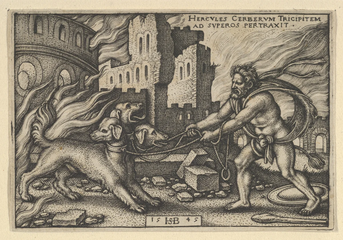 Hercules Capturing Cerberus, from "The Labors of Hercules" by Sebald Beham, print, 1545