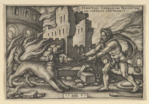 Hercules Capturing Cerberus, from "The Labors of Hercules" by Sebald Beham, print, 1545