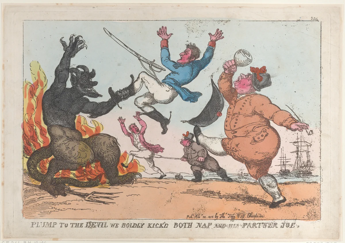 Plump to the Devil We Boldly Kick'd Both Nap and His Partner Joe by Thomas Rowlandson, print, 1813